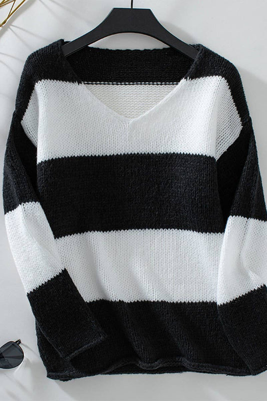CWOSWL2930_STRIPED V-NECK OFF-THE-SHOULDER KNITTED SWEATER