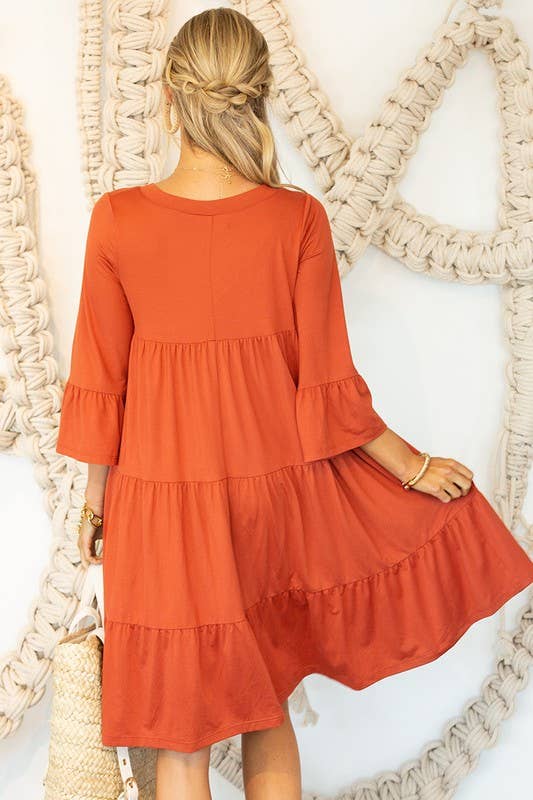 CWDSD10412_V NECK 3 TIERED RUFFLE DRESS WITH RUFFLE SLEEVE