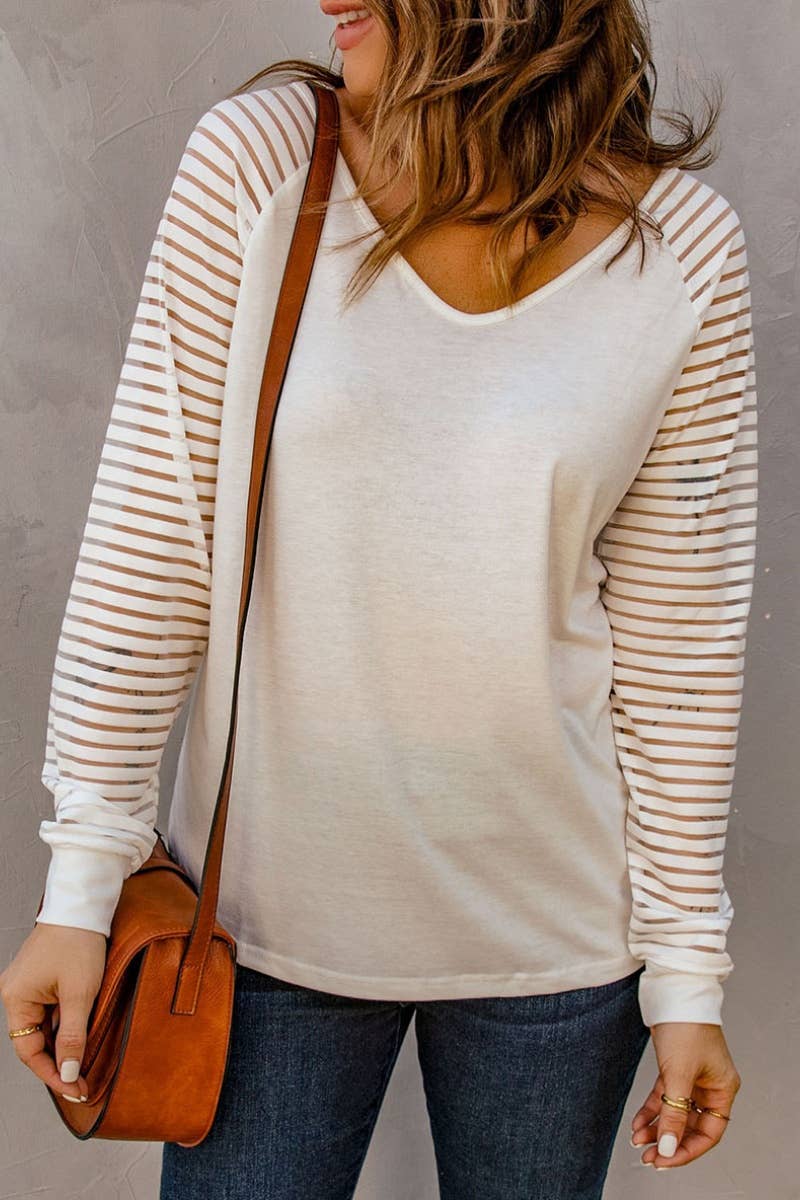 CWTBLL2995_TRANSPARENT STRIPED V-NECK LONG SLEEVE TOP