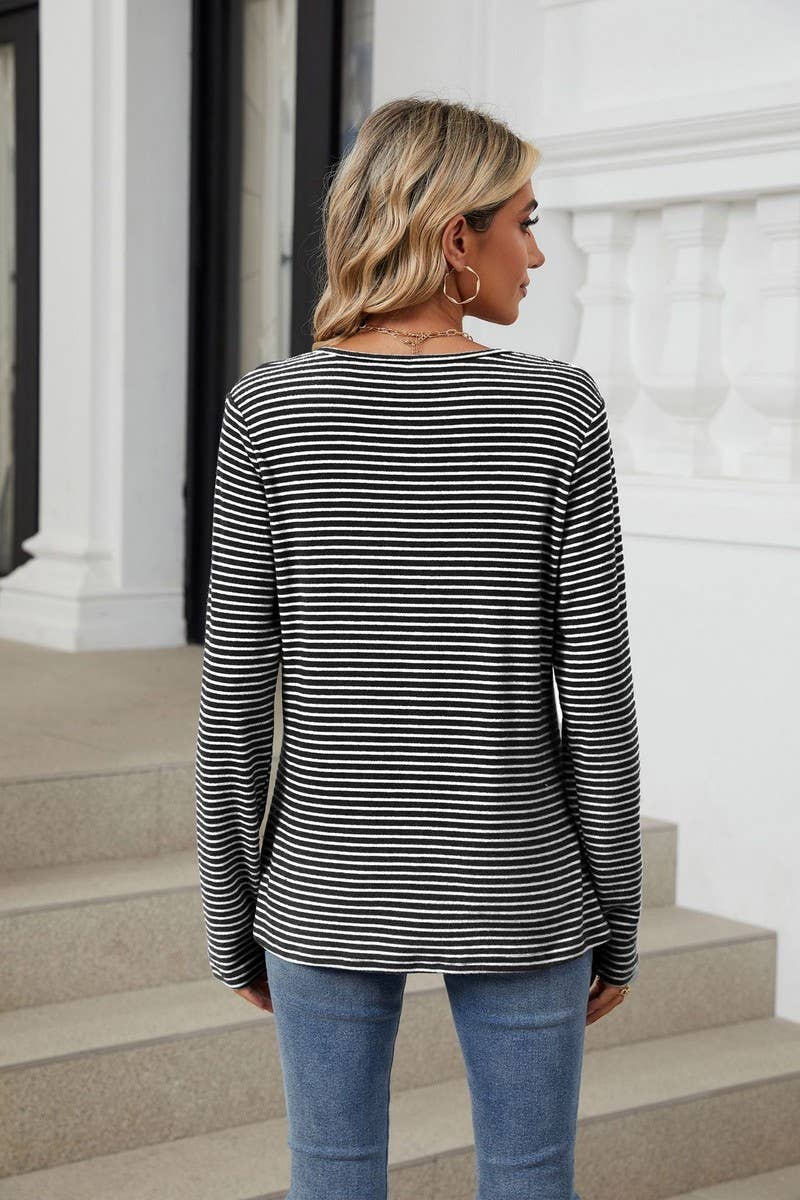 CWTBLL4015_STRIPED BUTTONED CREWNECK CASUAL TEE SHIRT