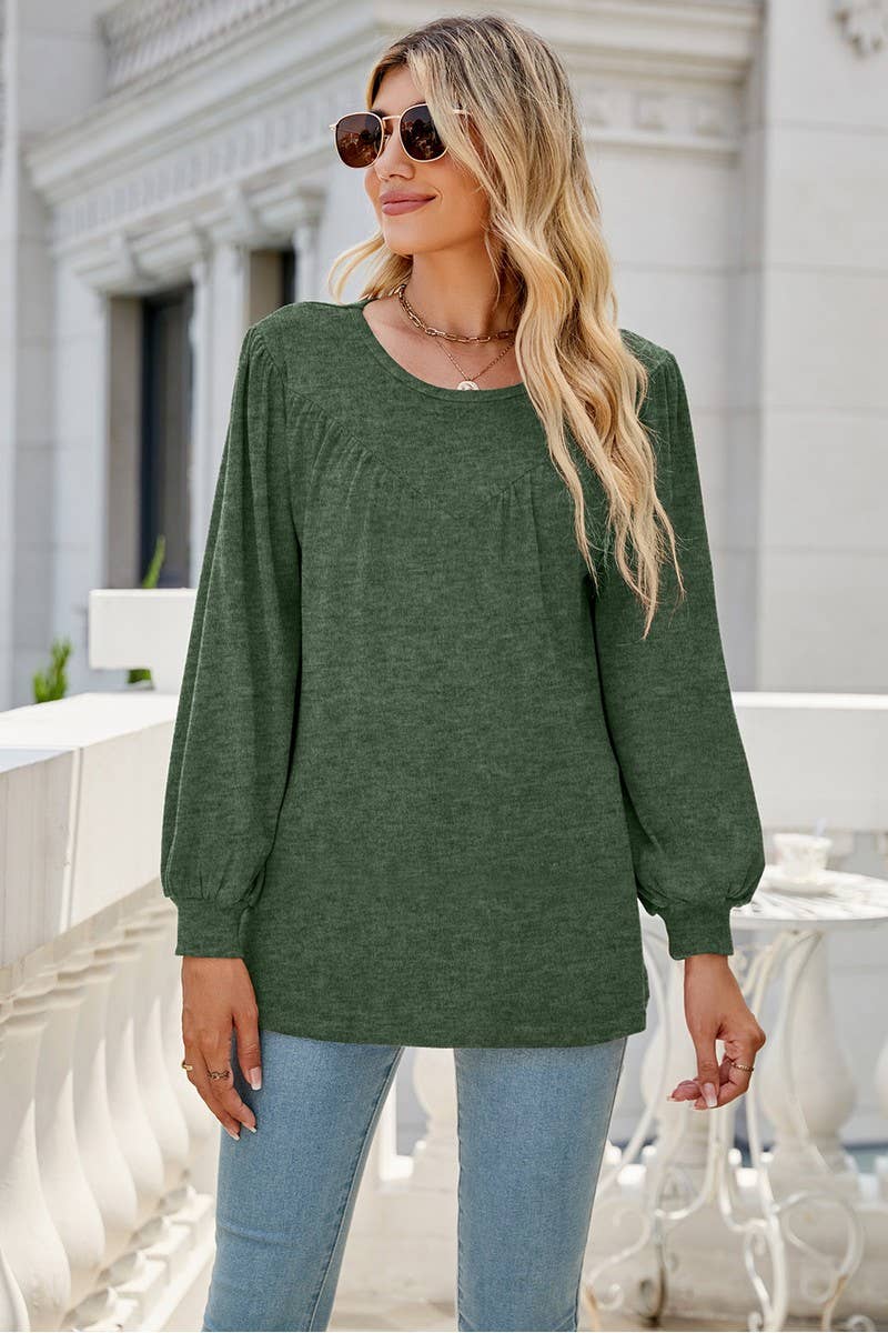 CWTBLL3690_LOOSE CREW NECK CASUAL PLEATED TOP