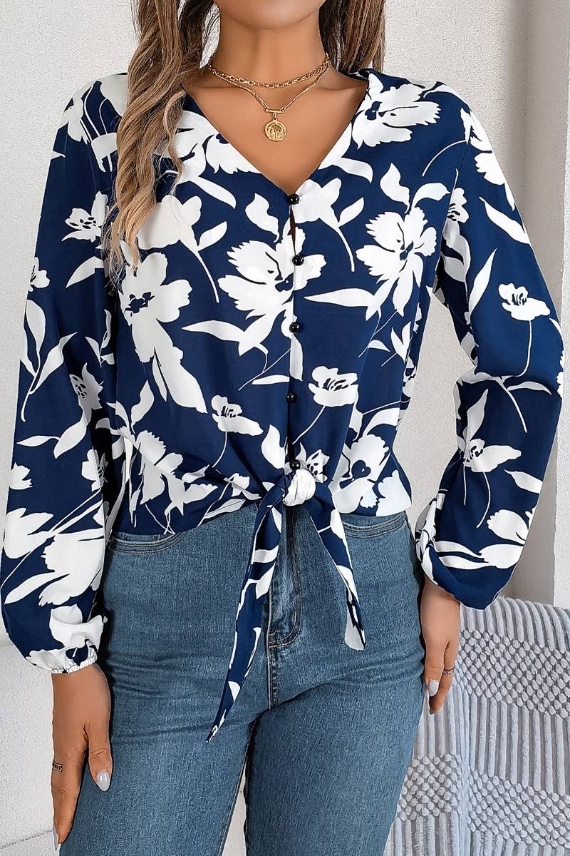 CWTDSL0117_V-NECK FLORAL LONG-SLEEVED LACE-UP TOP