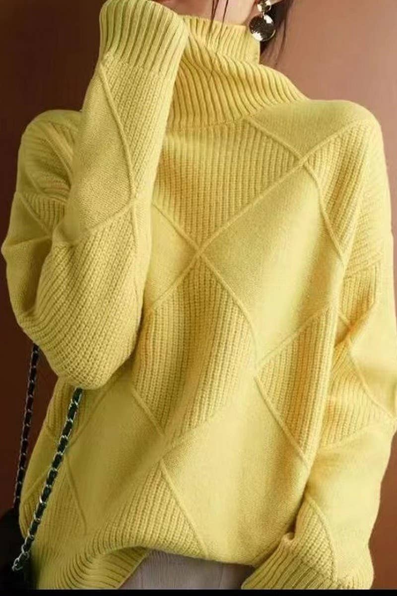 CWOSWL07650_SOLID COLOR HIGH COLLAR DIAMOND CHECK SWEATER