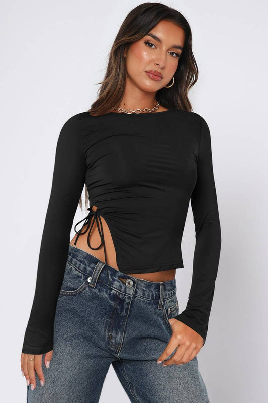 CWTTL2058_SEXY SLIT LACE-UP STRAIGHT SHOULDER T-SHIRT