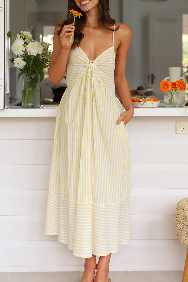 CWDHL0927_SUMMER V-NECK STRIPED SUSPENDER DRESS