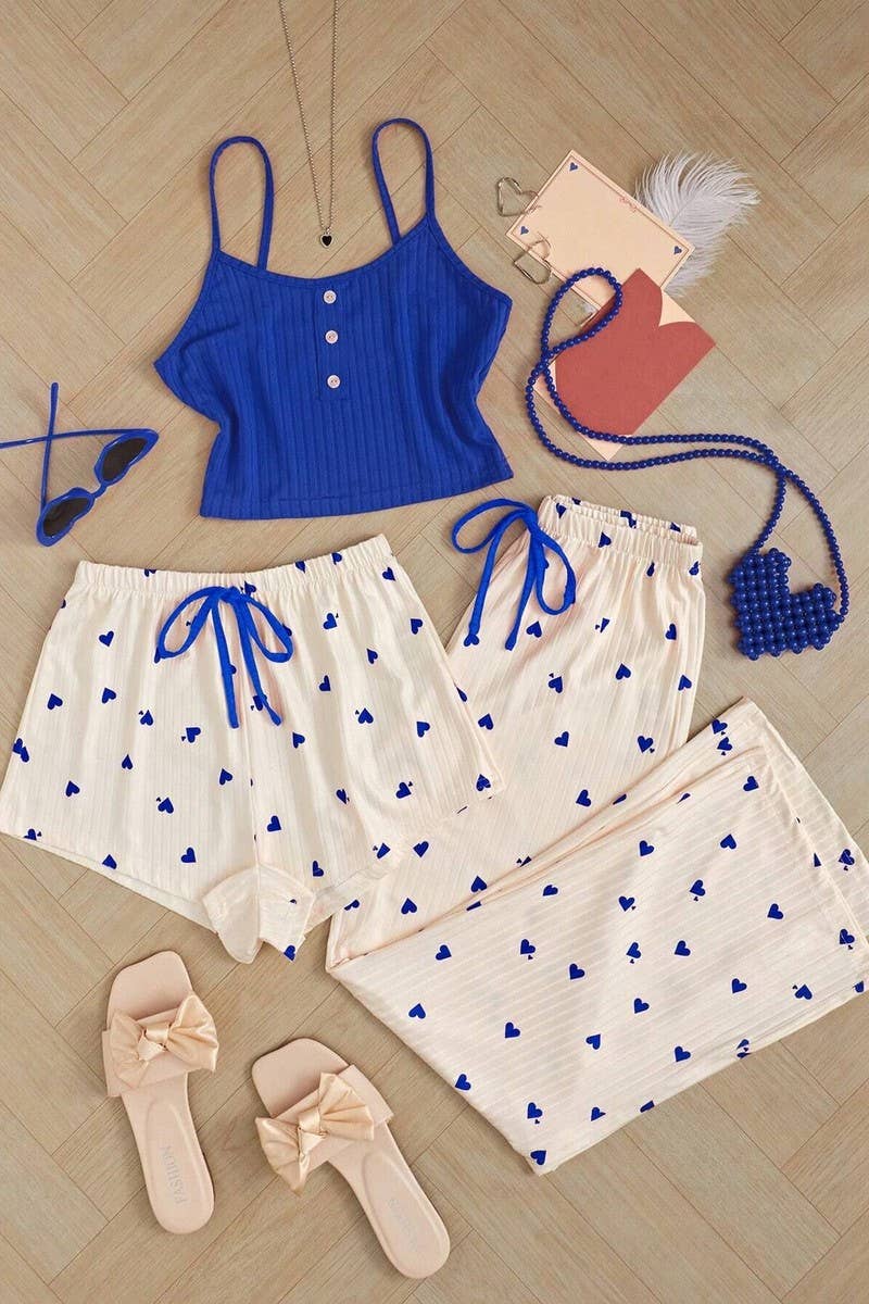 CWSPJ00476HEART PRINT RIBBED 3 PIECE CAMI PAJAMA SET