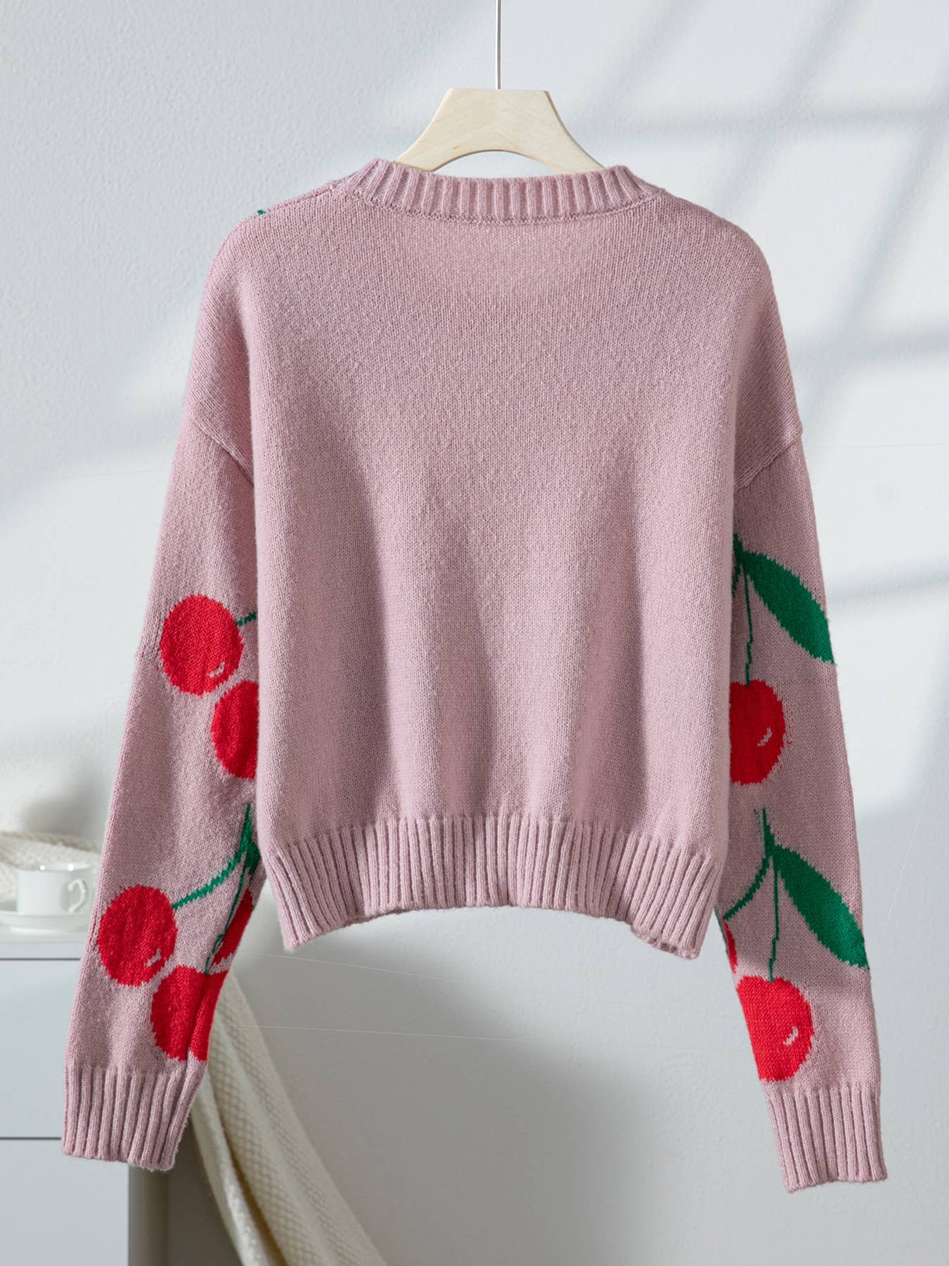 Cherry jacquard loose long sleeve knitted sweater