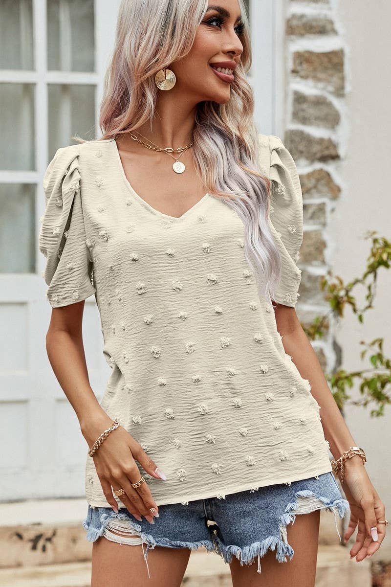 CWTBLS0358_V-Neck Short Puff Sleeve Blouse