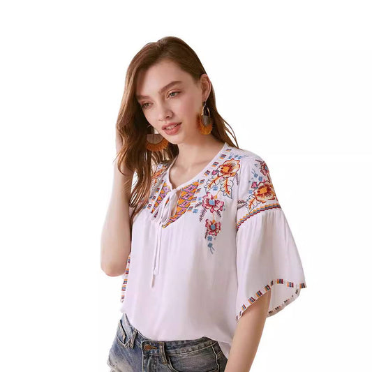 FLORAL EMBROIDERY V-NECK BLOUSE BLOUSE