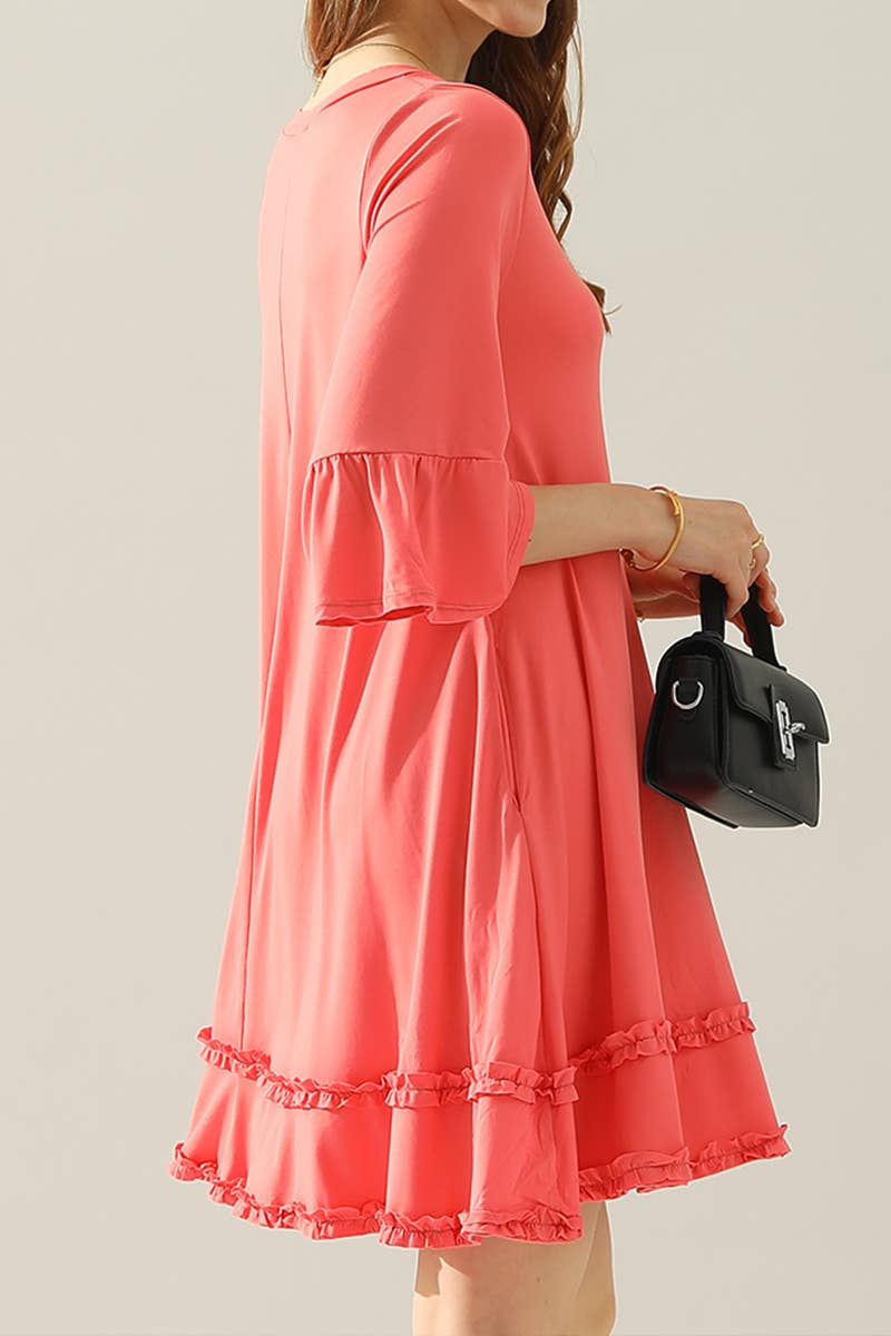 CWDSD10355_SMALL RUFFLE DETAILS 3/4 SLEEVE TIERED DRESS