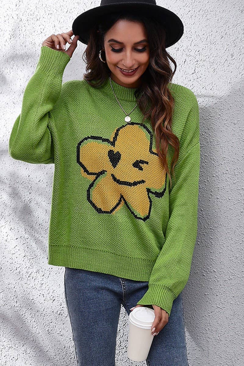 CWOSWL4070_FLOWER SMILEY FACE JACQUARD KNIT SWEATER