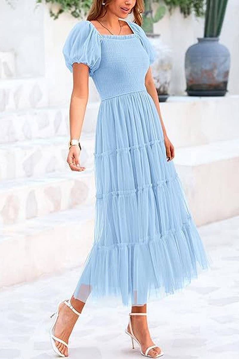 CWDMD6369_SQUARE NECK PLEATED MESH PANELED FLUFFY DRESS