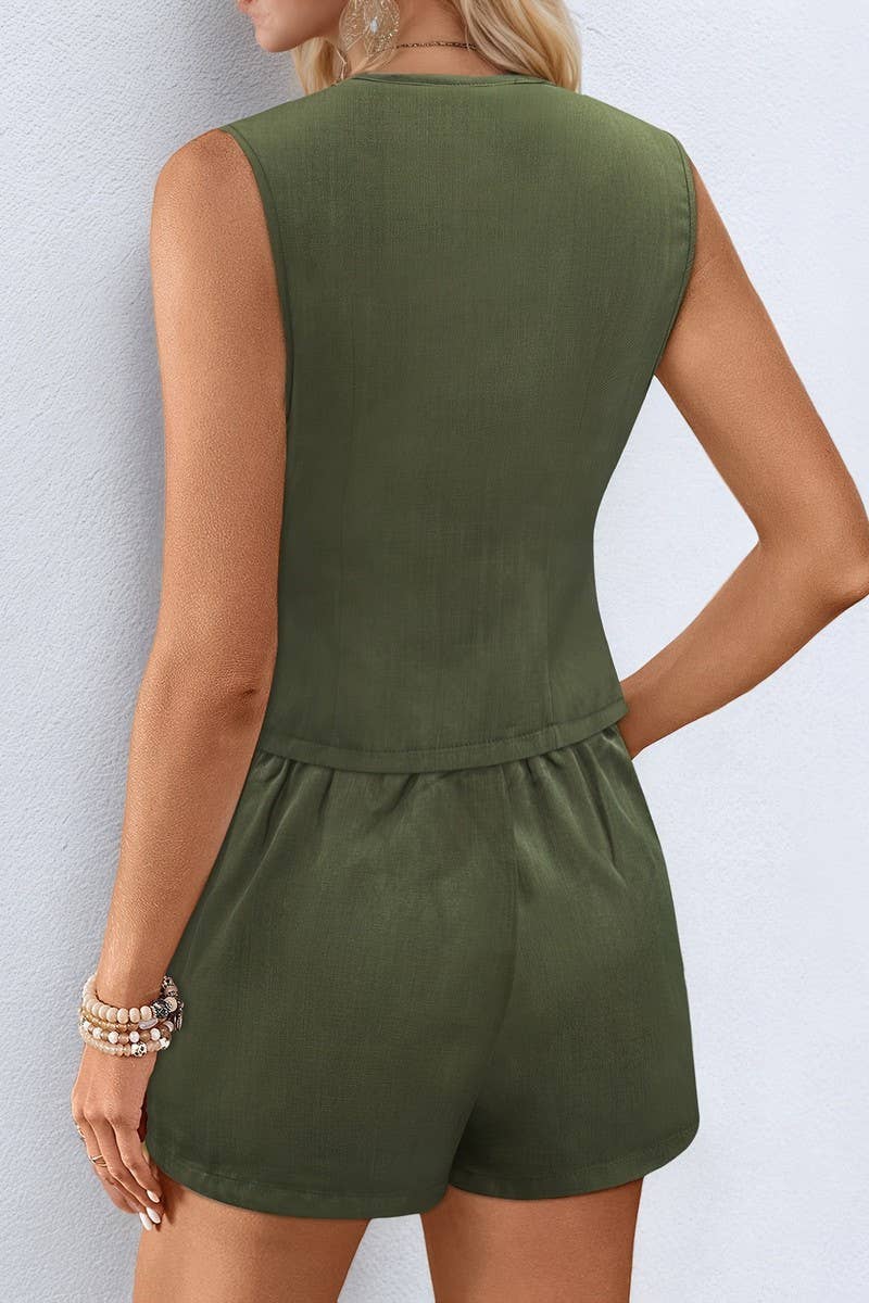 CWSTB2136_SOLID V-NECK VEST & SHORTS TWO-PIECE SET