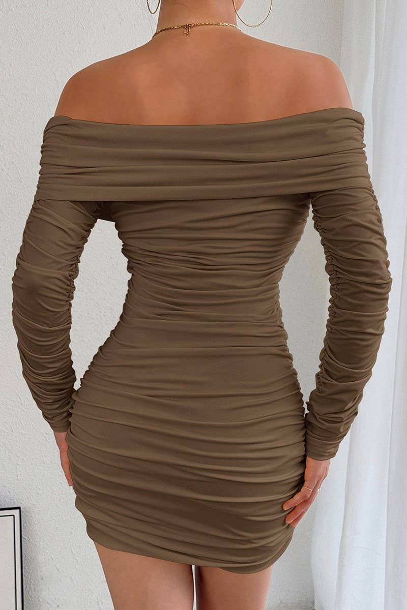 CWDSD10763_OFF SHOULDER LONG SLEEVE RUCHED BODYCON DRESS