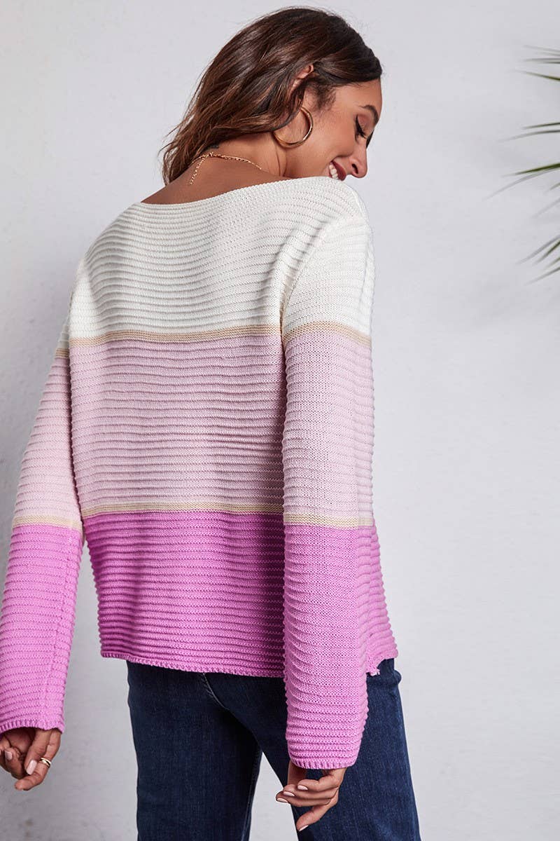 CWOSWL4069_CONTRAST GRADIENT STRIPED BOAT NECK KNIT SWEATER