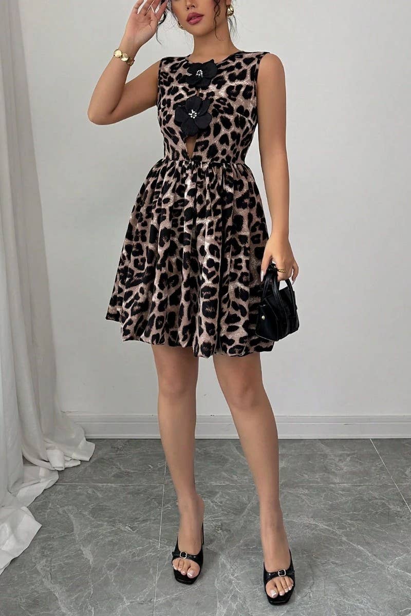 CWDSD8243_BOLD LEOPARD FLORAL APPLIQUE SLEEVELESS DRESS