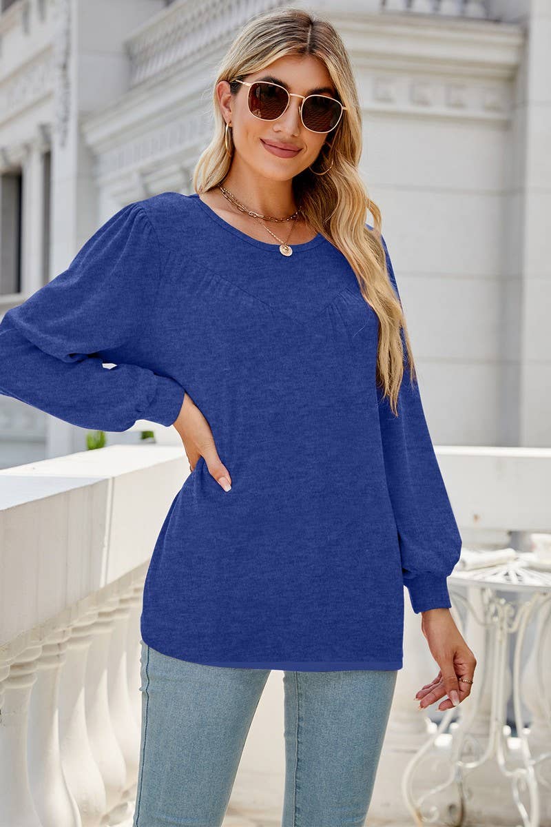 CWTBLL3690_LOOSE CREW NECK CASUAL PLEATED TOP