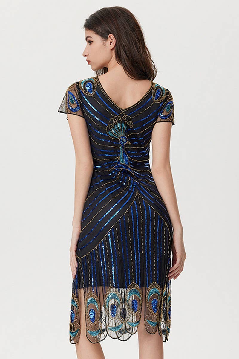 CWDHL1051_V-NECK VINTAGE SEQUIN TASSEL PARTY DRESS