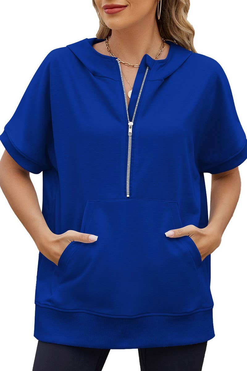 CWOHOS0018_LOOSE FIT ZIPPER SHORT SLEEVE HOODED SWEATSHIRT