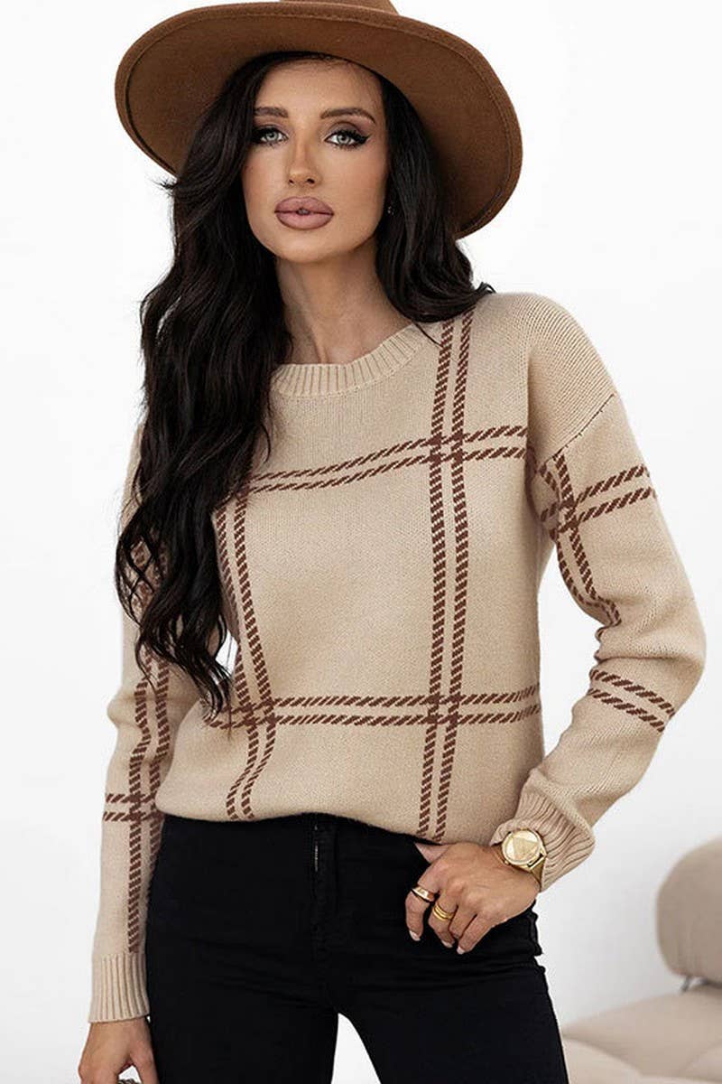 CWOSWL07350_PLAID COLORBLOCK CREWNECK KNIT SWEATER