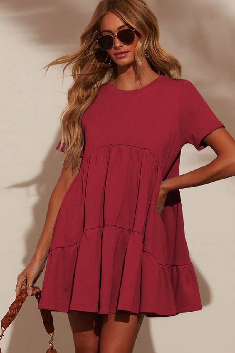 CWDSD7268_ROUND NECK POCKET SHORT SLEEVE PLEATED DRESS