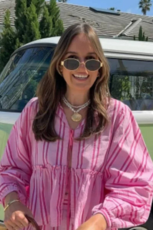 CWSTB1391_STRIPED LACE-UP BALLOON SLEEVE SHORTS SET