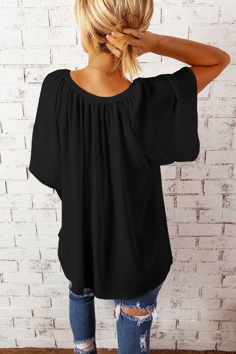 CWTBLS2307_SOLID V-NECK LOOSE FIT CHIFFON BLOUSE