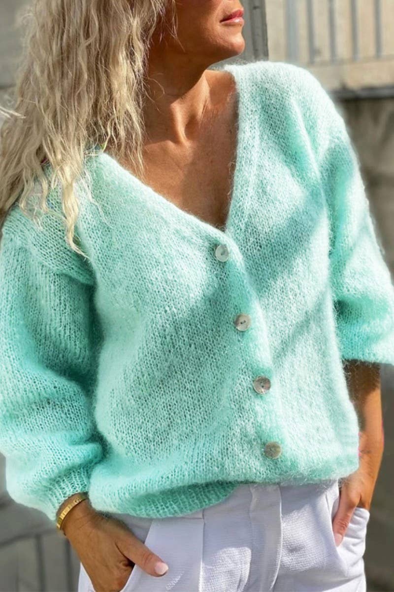 CWOCAL00721_DEEP V NECK SOLID BUTTON KNIT CARDIGAN