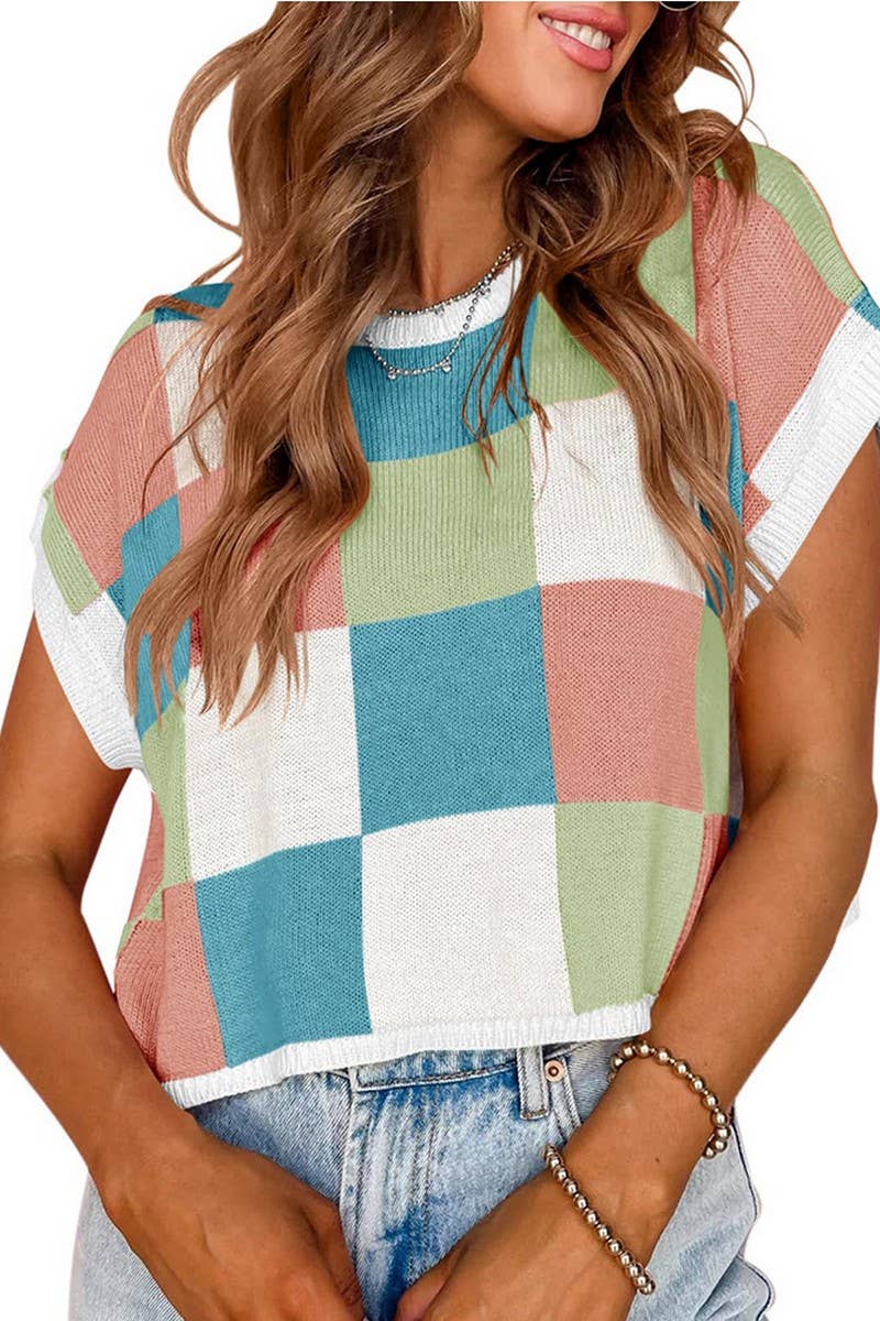 CWTTS1362_SUMMER NAVEL CHECKERBOARD SHORT SLEEVE KNIT TOP