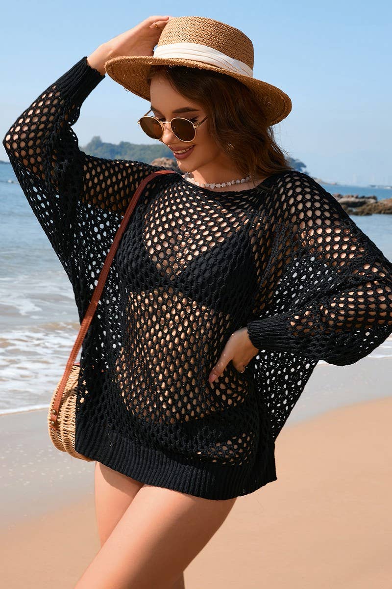 CWOSWL2076_Round Neck Long Sleeve Bikini Cover Top