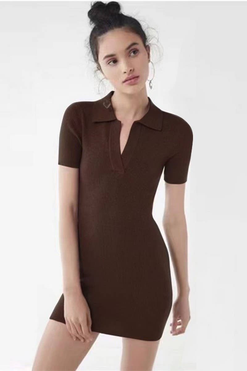 CWDSD7459_RIBBED DEEP V LAPEL SHORT SLEEVE BODYCON DRESS