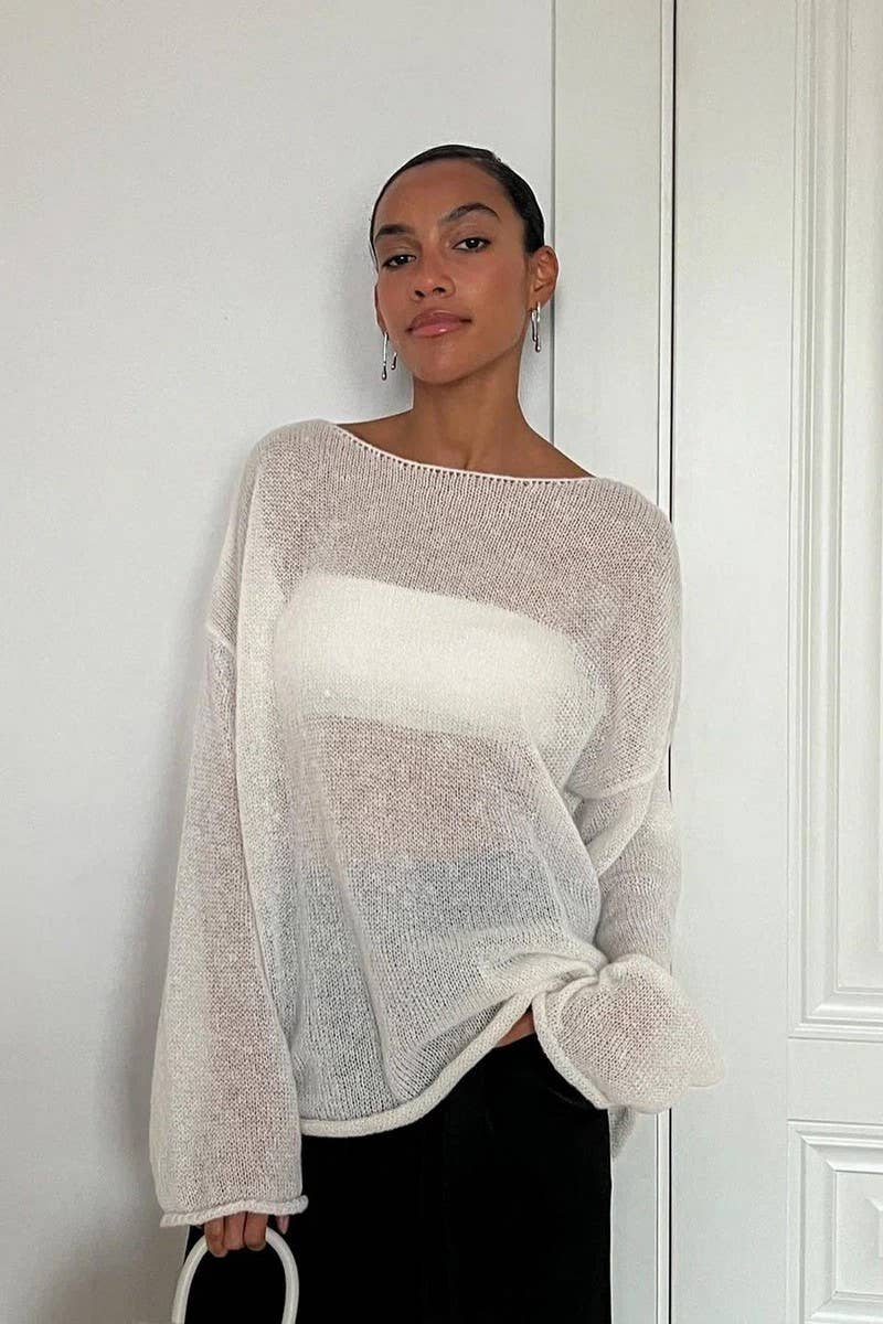 CWTBLL3453_SOLID COLOR SEE-THROUGH LONG-SLEEVED T-SHIRT