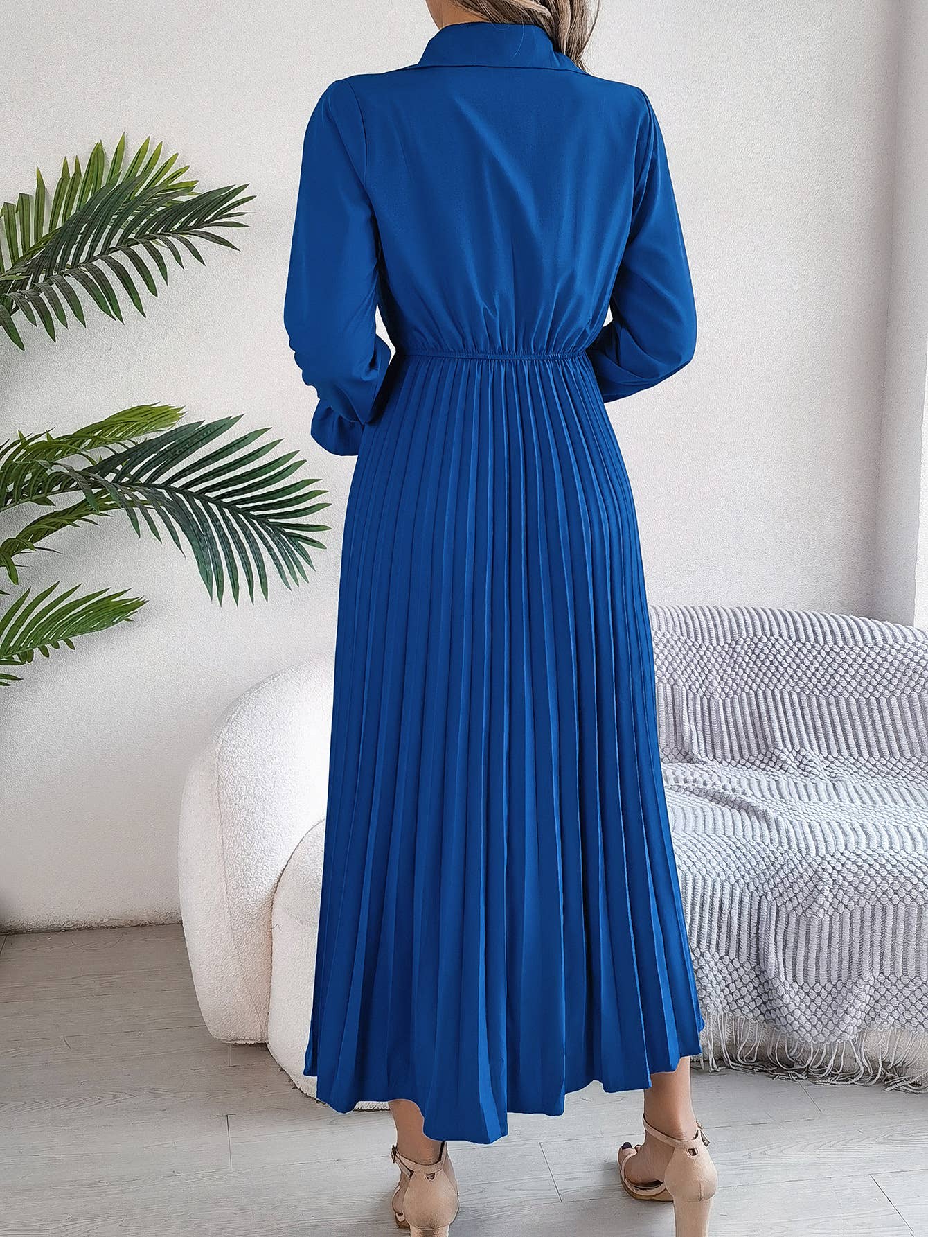 CASUAL LAPEL BUTTON WAIST PLEATED LONG DRESS
