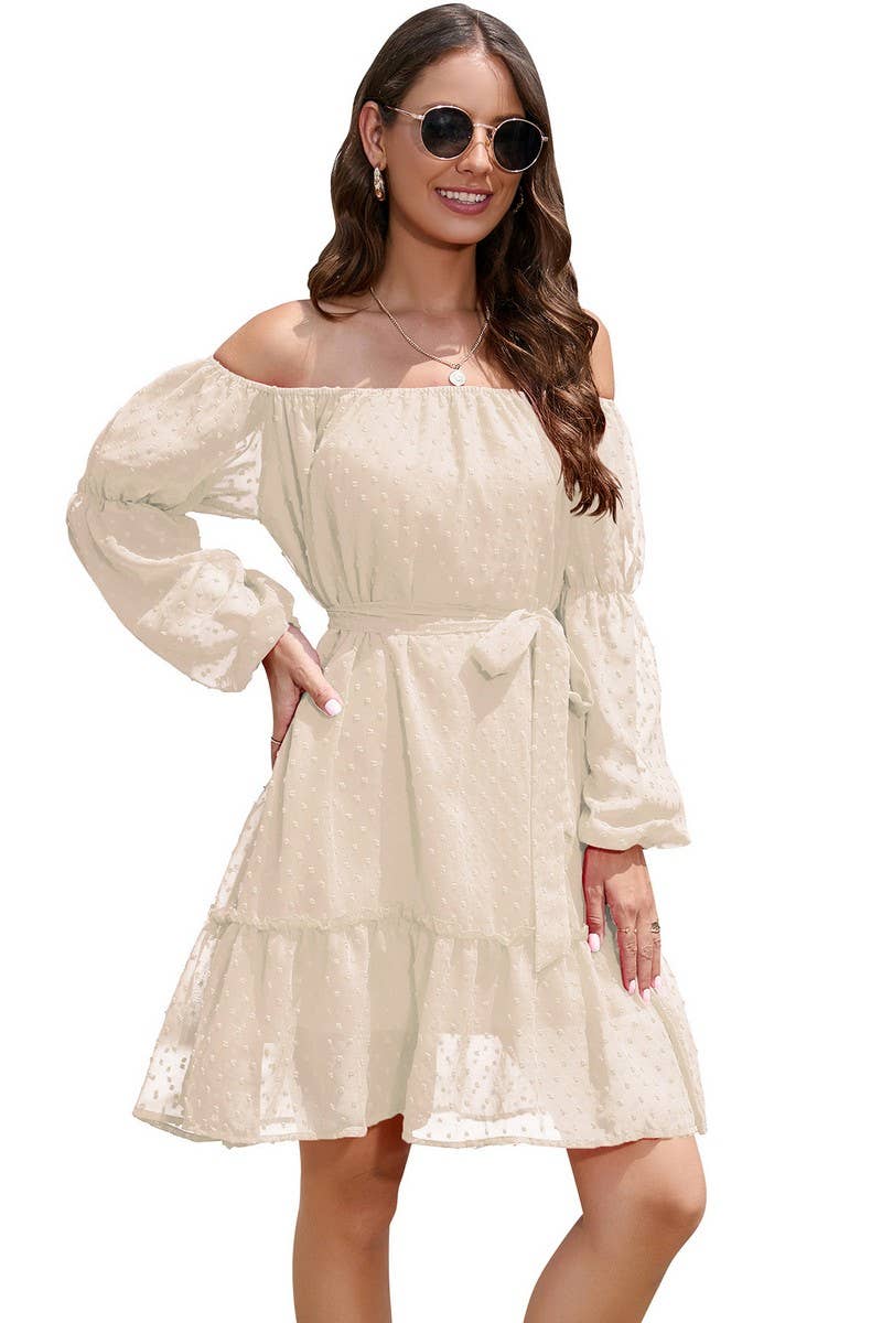 CWDSD8400_OFF SHOULDER POM POM CHIFFON BELTED DRESS