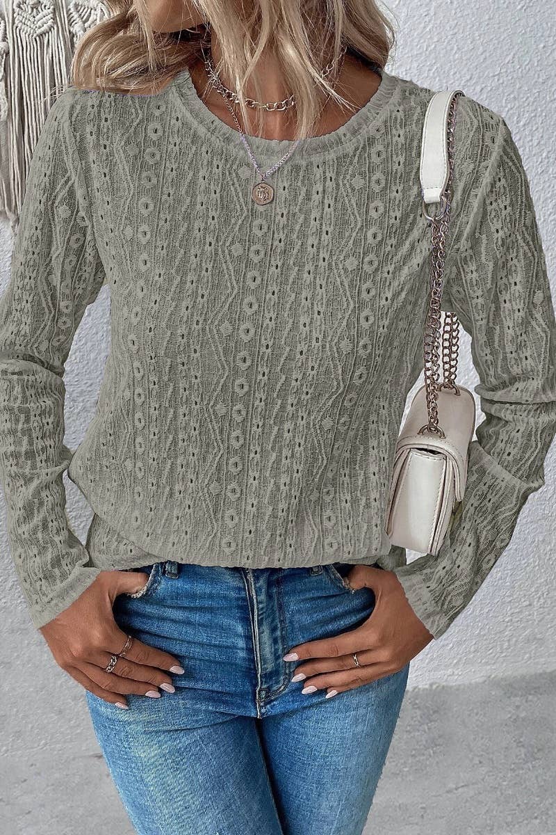 CWTBLL2478_CREW-NECK LONG SLEEVE JACQUARD LACE TOP