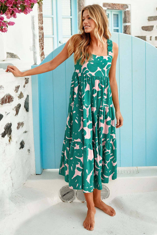 FLORAL PRINT DRESS WITH PLEATED HALTER
