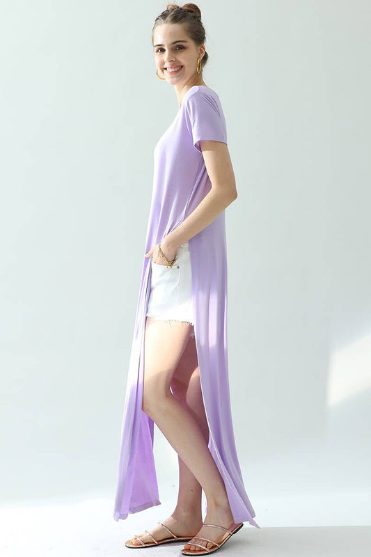 CWDMD824_ROUND NECK SHORT SLEEVE LONG DRESS WITH SLIT