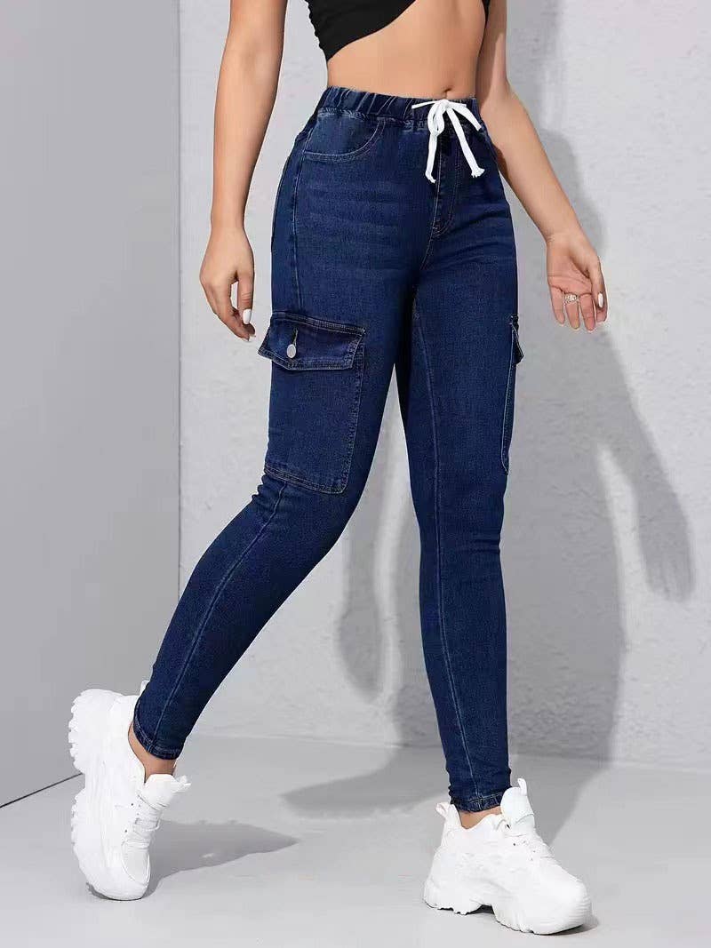 DENIM LACE-UP ELASTIC-WAIST STRETCH DENIM TIGHTS