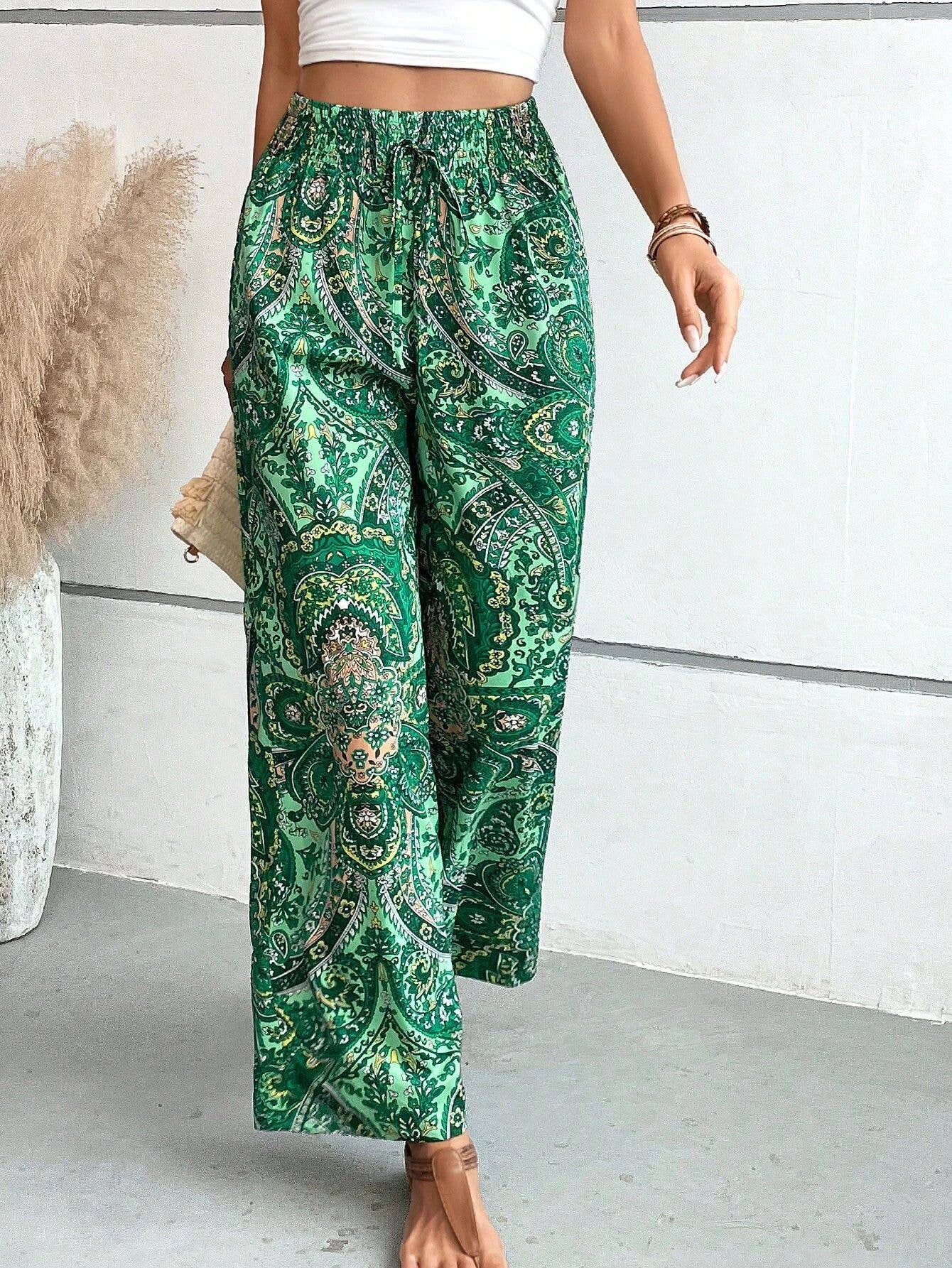ALL-IN-ONE PRINTED ELASTIC-WAISTED WIDE-LEG PANTS