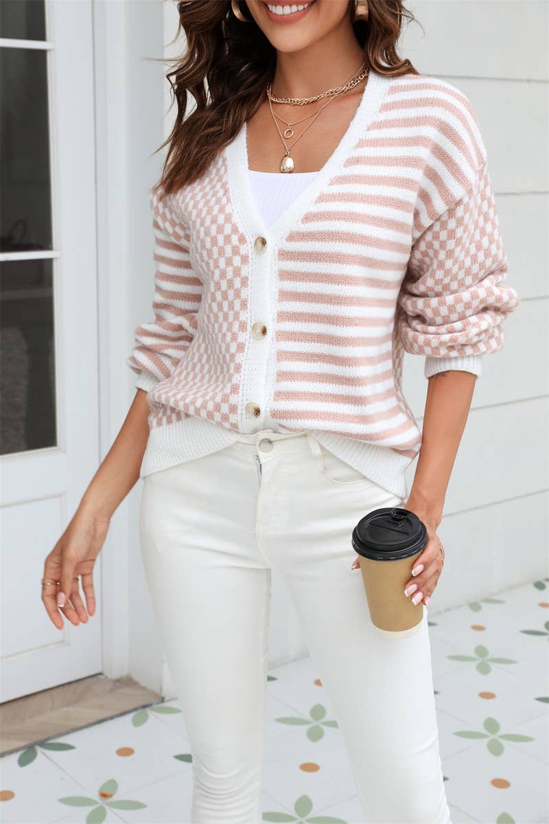 CWOSWL1679_Button Down Sleeve  V-Neck Cardigan Sweater