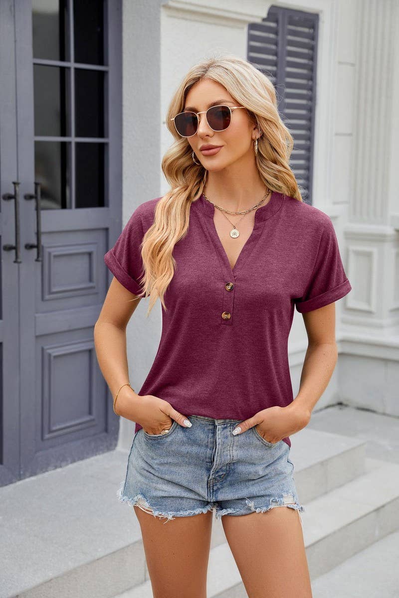 CWTBLS0866_V-NECK SOLID COLOR BUTTON-DOWN SHORT-SLEEVED TOP