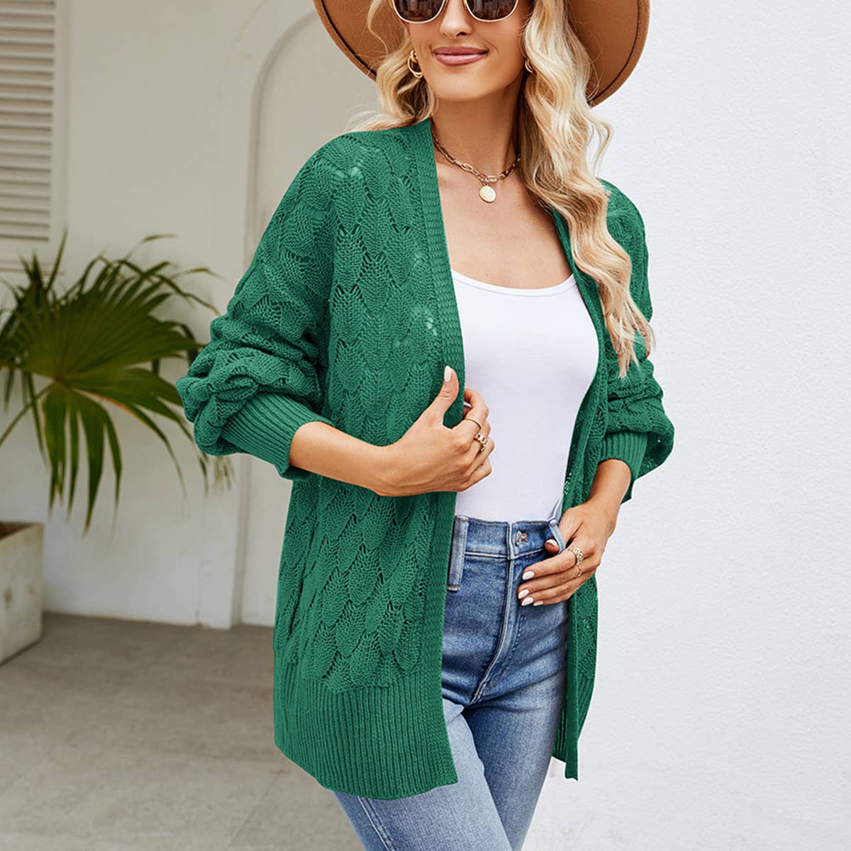 DESIGN SENSE HOLLOW KNIT SWEATER CARDIGAN