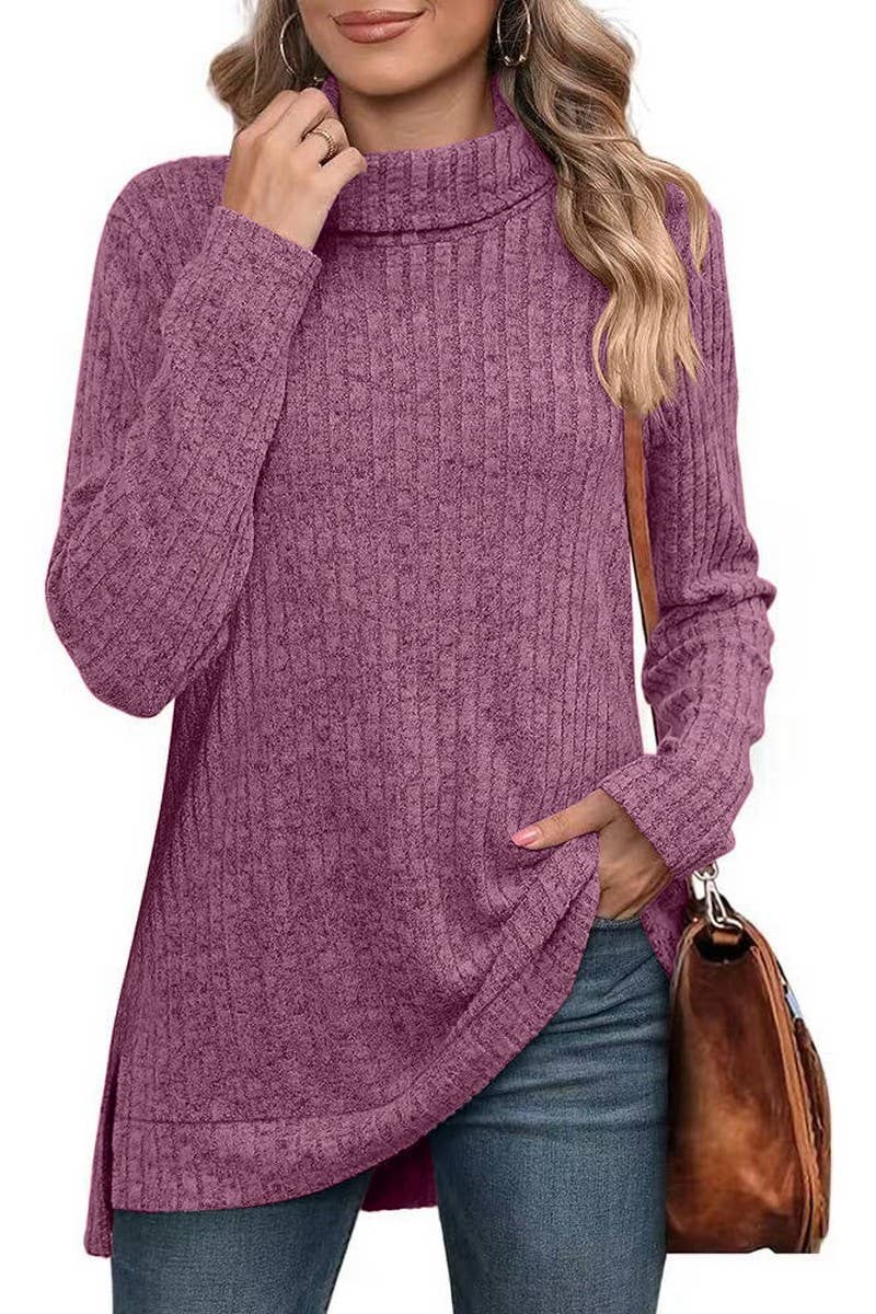 CWOSWL6106_SOLID COLOR HIGH COLLAR SLIT RIBBED BOTTOMING TOP