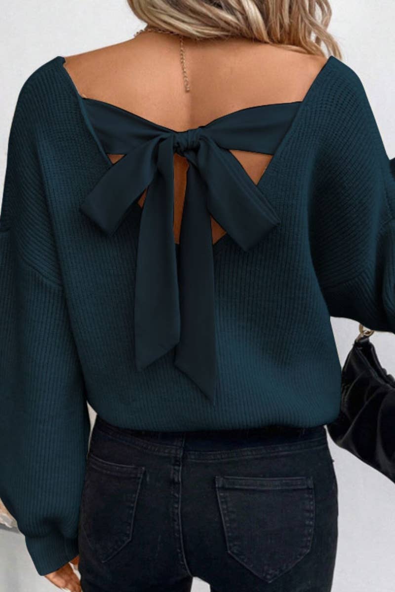 CWOSWL5207_SEXY V-NECK BACK LACE-UP LONG-SLEEVED SWEATER