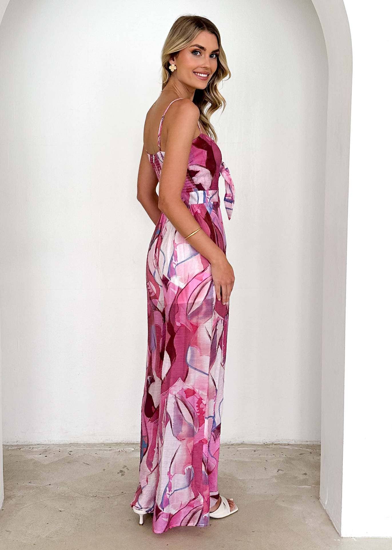 Casual print halter with bow tie jumpsuit