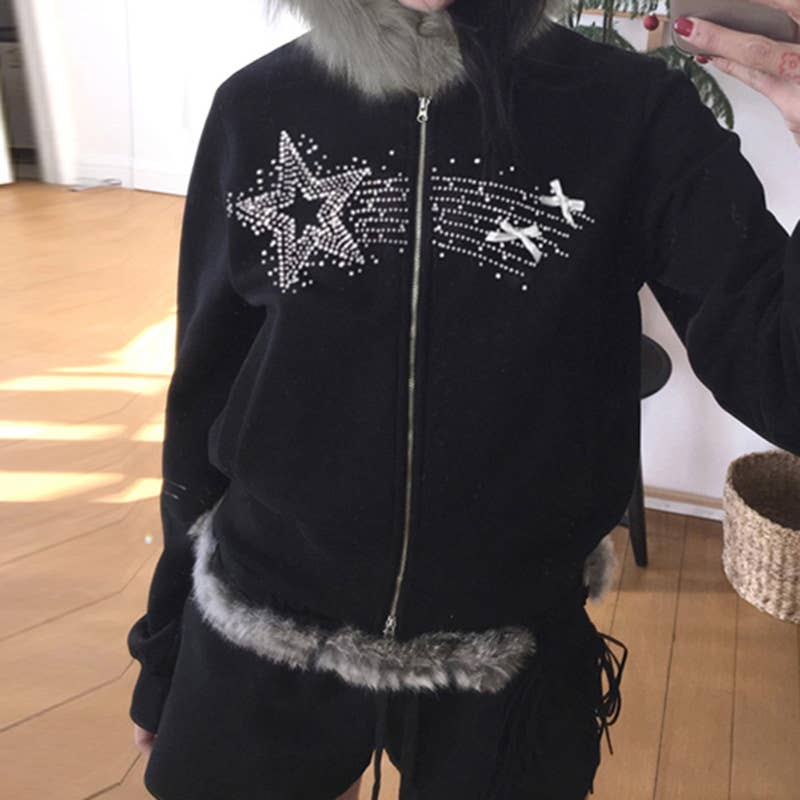 Distinctive street star rhinestone zipper jacket