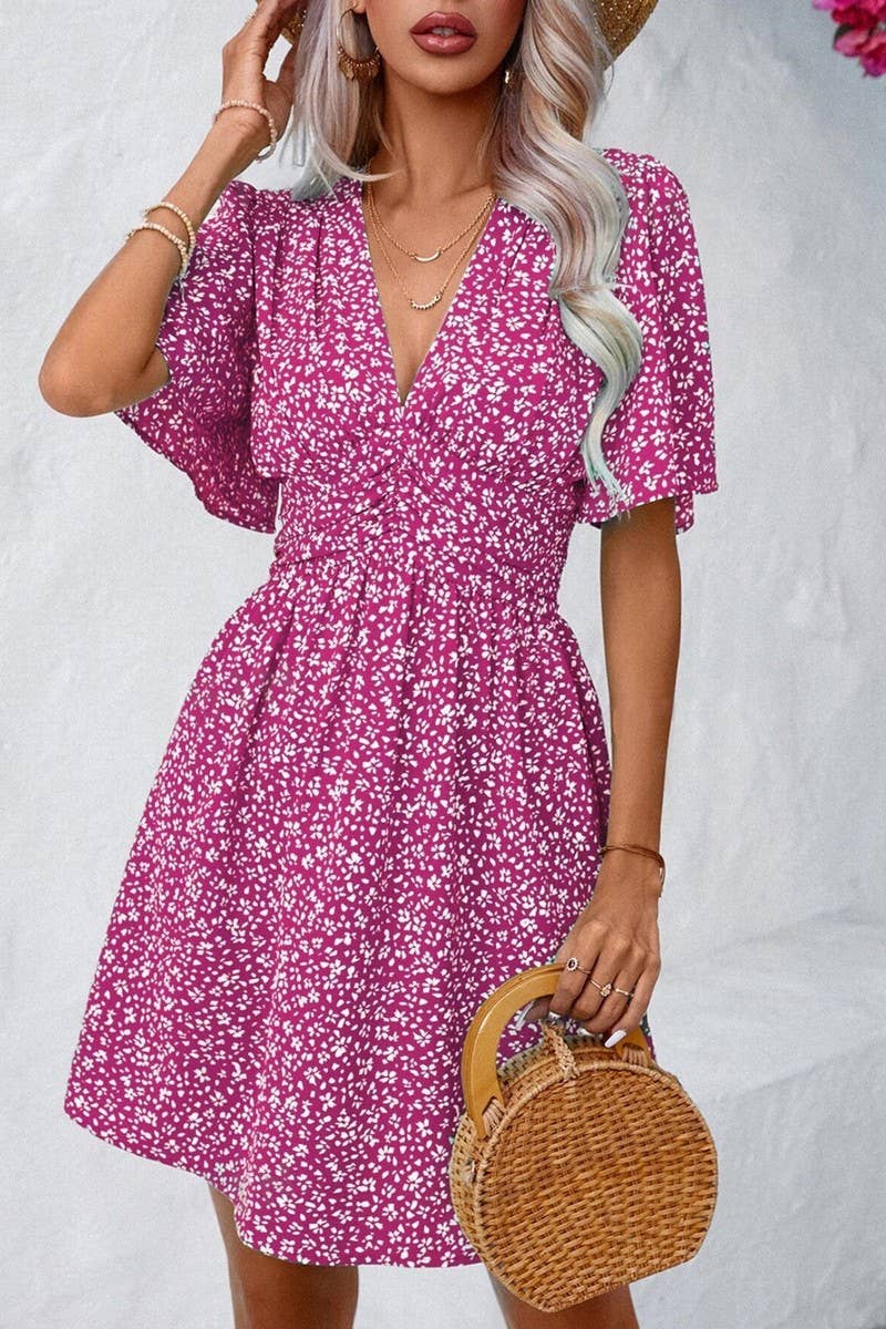 CWDSD8398_DEEP V RUFFLE SLEEVE FLORAL RUCHED VACATION DRESS