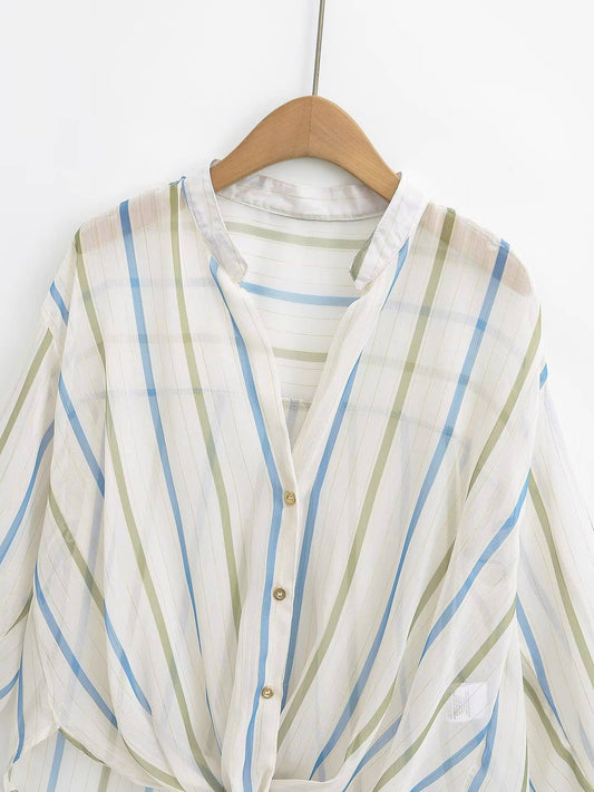 FASHIONABLE METALLIC LINE TRANSLUCENT BLOUSE