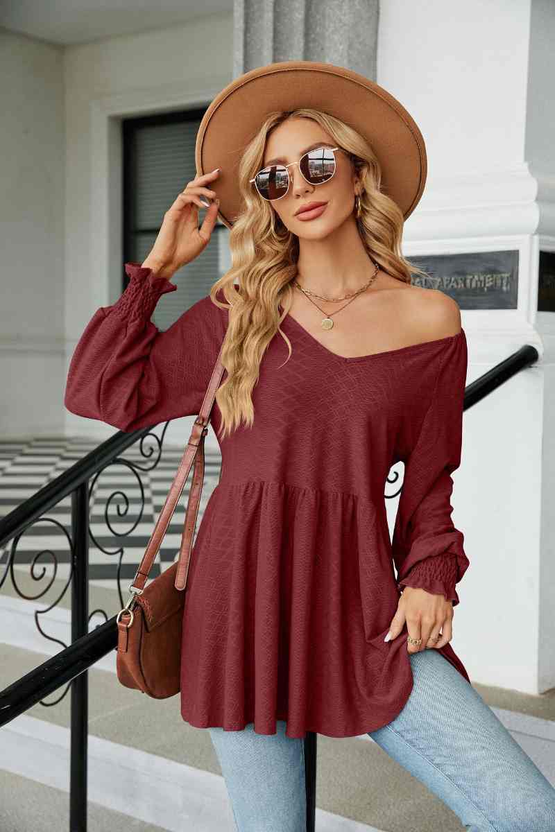CWTBLL2836_V-NECK LONG SLEEVE PATCHWORK DRESS TOP