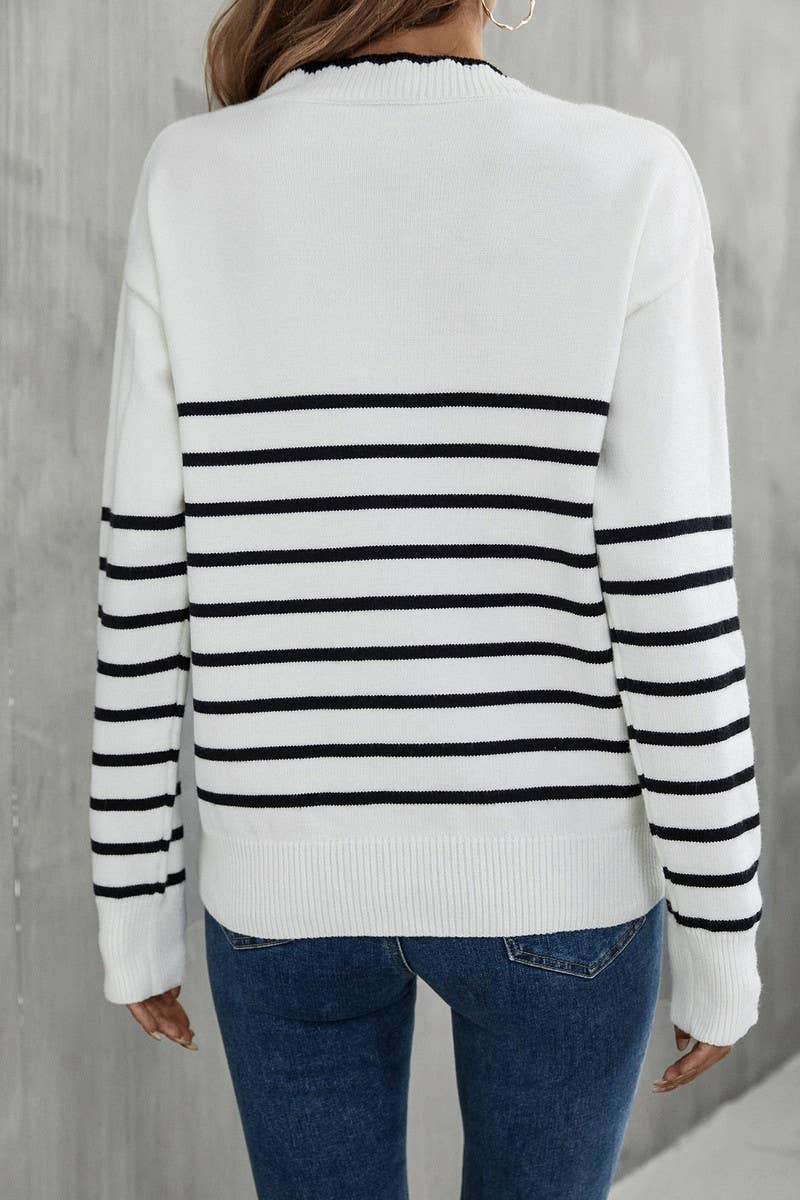CWOSWL1706_V-neck Long Sleeve Striped Pullover Sweater